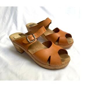 Skola Swedish Handcrafted Heeled Clogs Open Toe, Brown Leather, 40, 9/9.5